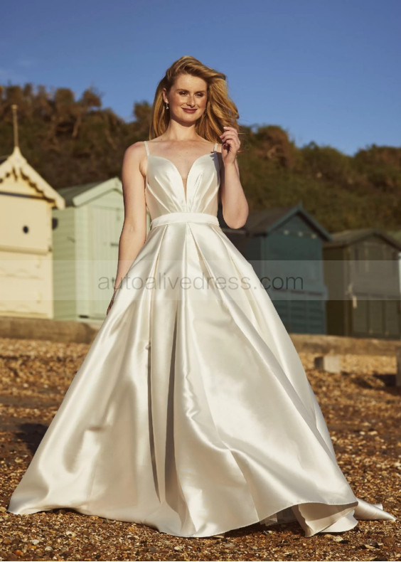 Spaghetti Straps Ivory Pleated Satin Gorgeous Wedding Dress